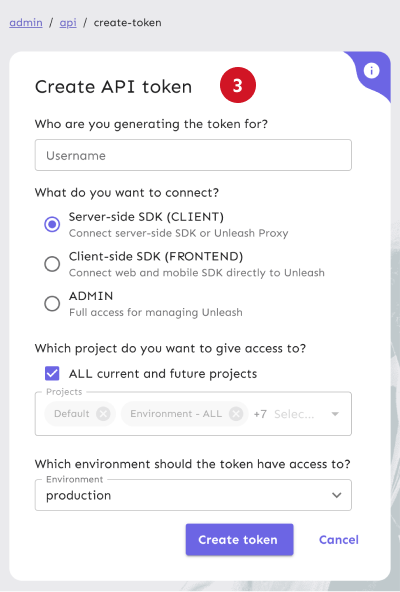 API token creation form. 